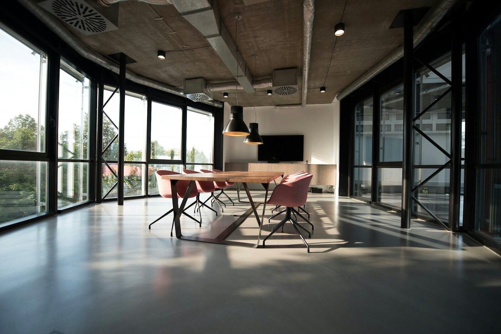 A bright, modern office meeting space