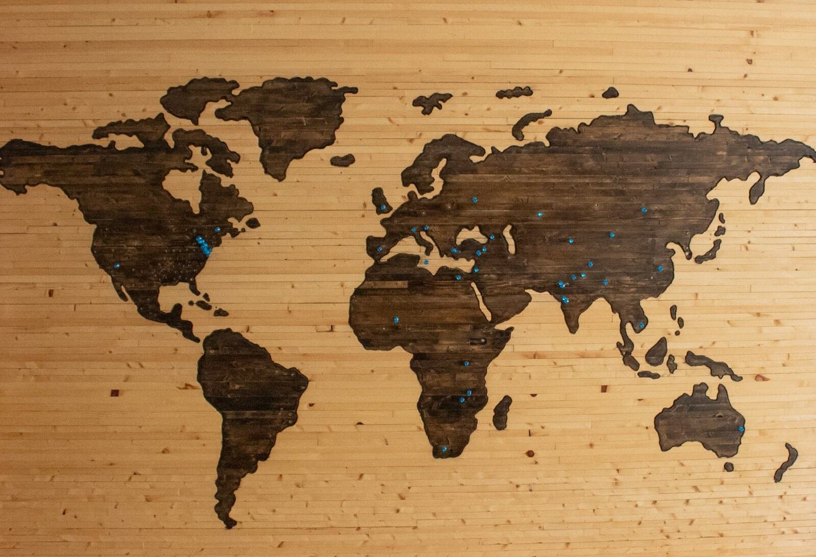 Wooden world map on a wall